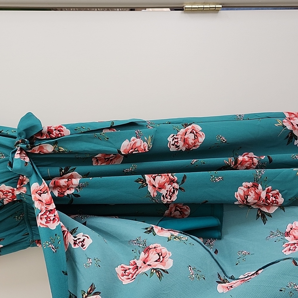Green Wrap Dress Pink Floral Flower Print - Picture 4 of 7